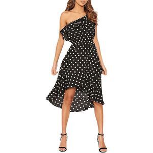 One Shoulder Ruffle Cute Polka Dot Elastic Waist Hi-Lo Flowy Dress SIZE L NEW